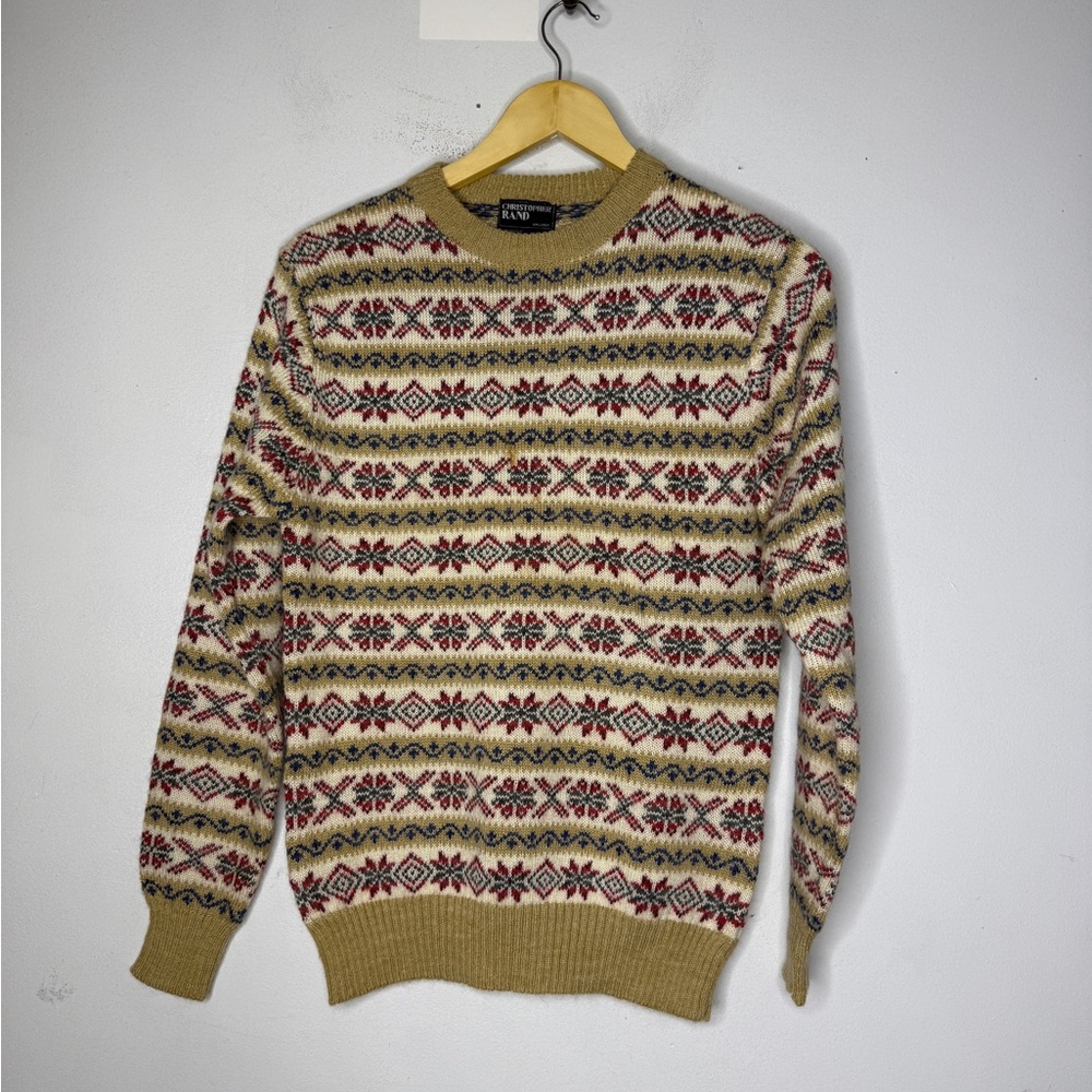 Christopher Rand Nordic Fair Isle Crew Neck Sweater Tan‎ Blue Red XL Vintage